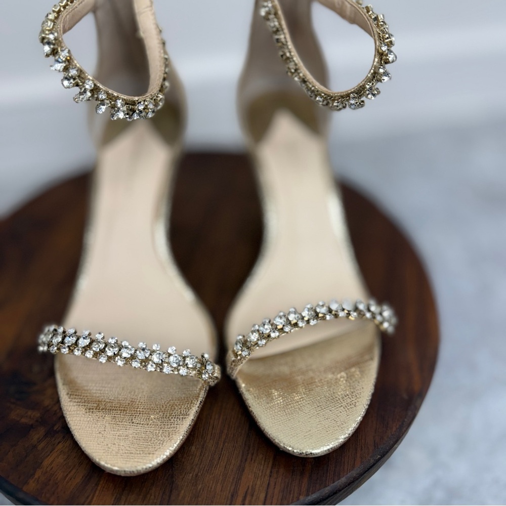 Antonio Melani gold embellished‎ ankle strap heels.